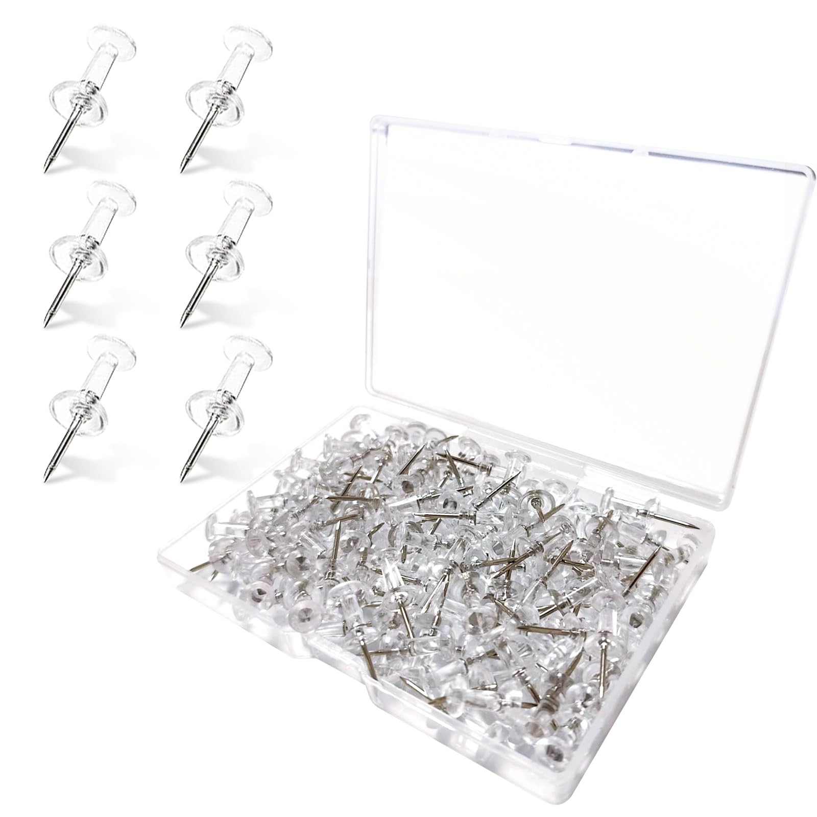 100 Pcs Clear Push Pins - Plastic Thumb Tacks, Drawing Pins for Notice Board, Map Pins, Pinboard, Bulletin Board, Office, School, Home (with Storage Box)