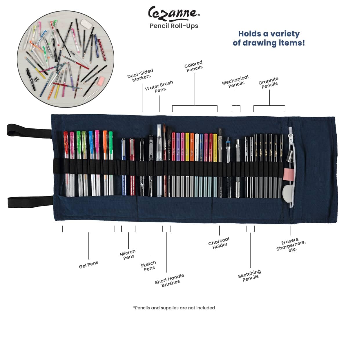 Cezanne - Estuche para lápices de artistas, lona de algodón azul duradera enrollable con bolsa de arte con cremallera para artistas, profesionales, organización ligera y portátil, hasta 72 lápices de