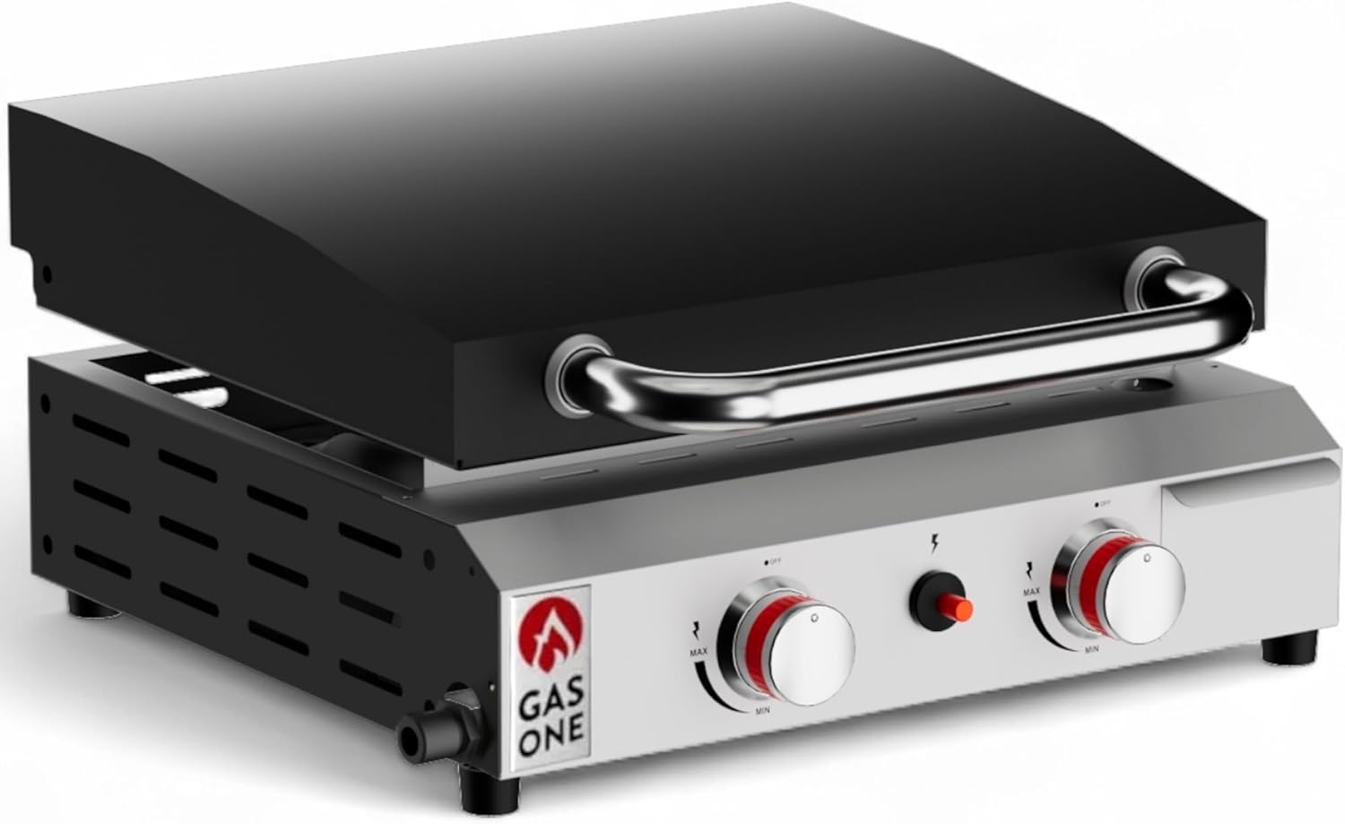 GasOne 2 Burner Flat Top Gas Grill with Lid  Auto Ignition Propane  Premium Stainless Steel Body Tabletop with Pre Season Griddle  Oil Drip Tray  for RV, Camping