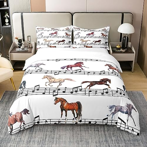 100% Bio-Baumwolle Pferd Tröster Bezug,Musik Notes Bettbezug 200x200,Western Cowboy Bettwäsche Set,Wild Pferd Musik Thema Weiche Atmungsaktive Bettdecke mit 2 Kissenbezüge,Weiß