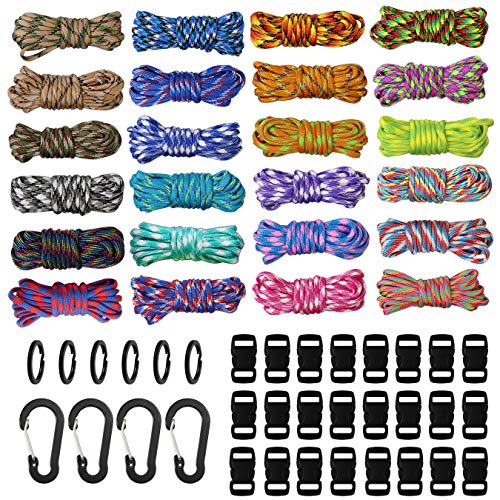 aufodara Kits de Paracord 240 pies 24 Colores Cuerda de Paracaídas con 24 Hebilla, 6 Anillo de Llavero y 4 Mosquetón para el Aire Libre, Camping, Trenzar Pulseras, Llavero y Collar Perro (A)
