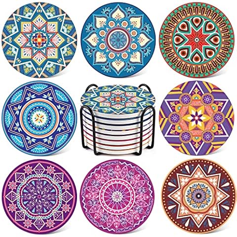 LIFVER Drinks Coasters Set of 8, Mandala Style Ceramic Coasters with Holder, 4 Inches Coasters for Drinks with Cork Base, Great Colorful Decor, Ideal Thanksgiving and Housewarming Gifts Cover
