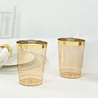 Vista 1 de Efavormart - Paquete de 25 vasos de plástico de cristal dorado ámbar con borde dorado, vasos desechables para fiestas, 10 onzas