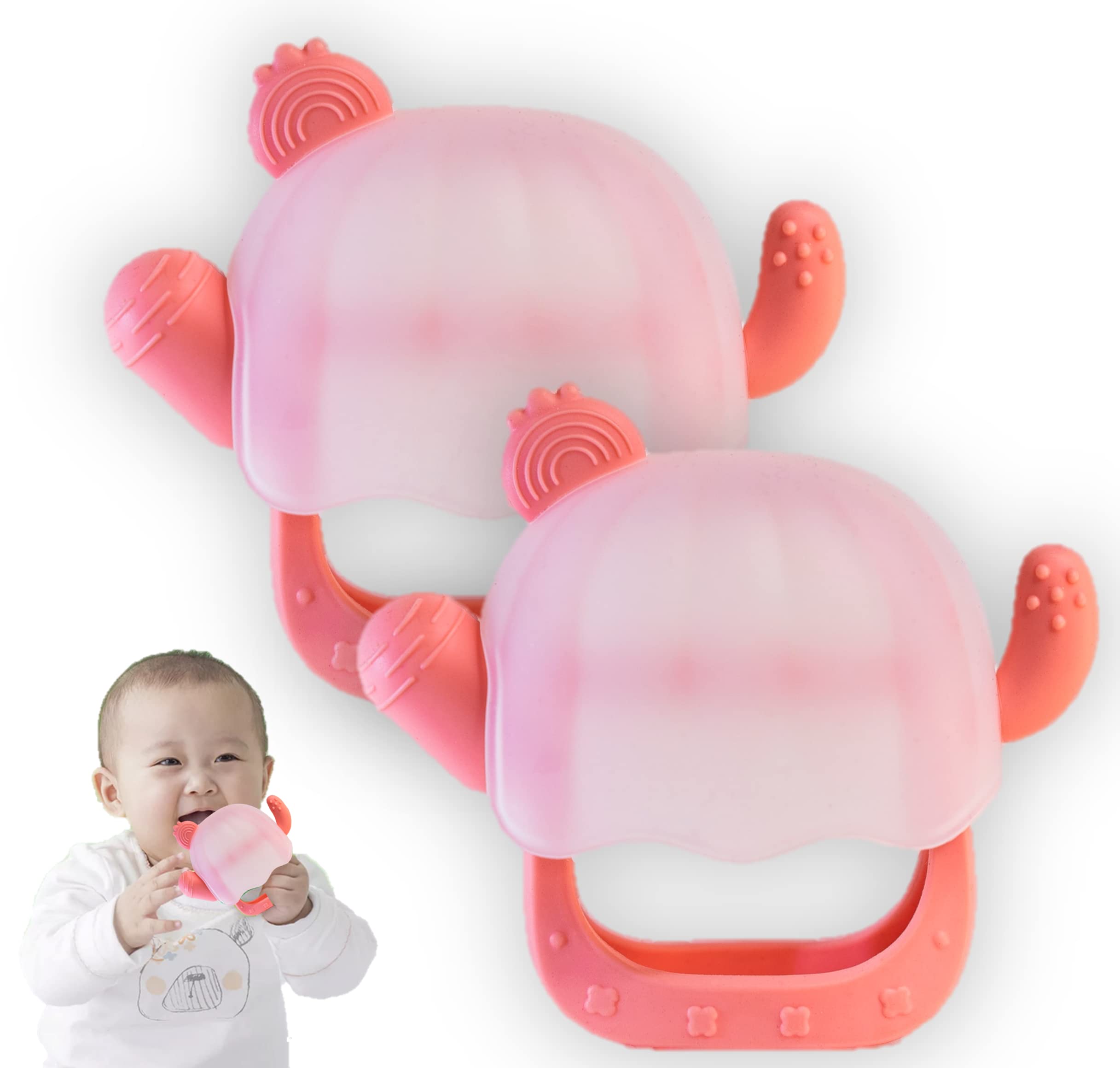Wearable Silicone Teether For 6 To 12 Months Baby (Cactus) For Infants, Never Drop, Washable, Bpa Free Sucking Needs, Pain Relief Baby Toys And Pacifier (Pink Translucent - Pack Of 2)-image-27