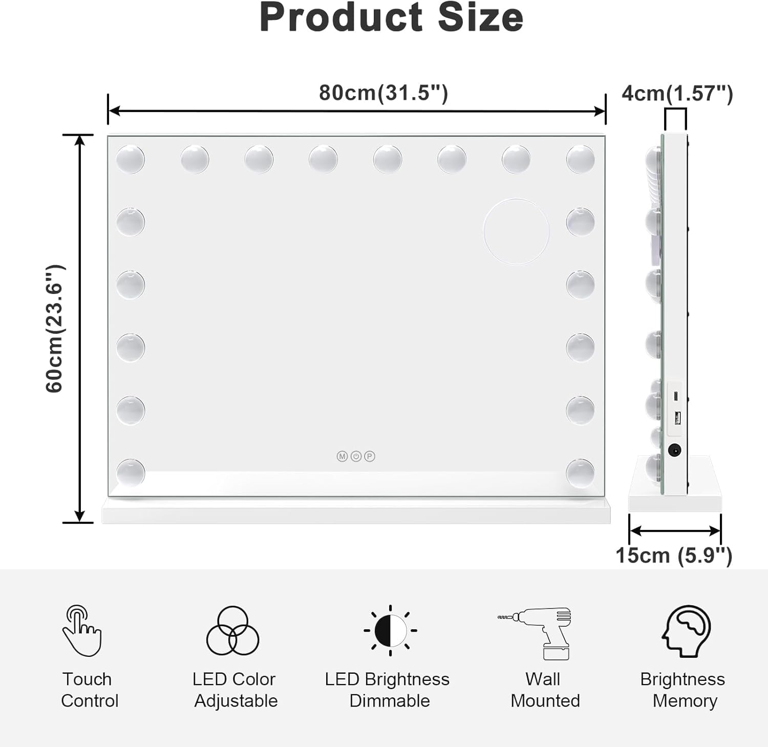 Moziel 80x60cm Specchio da Trucco Hollywood con Luci a 18 Led Montato a Parete o sul Tavolo, 3 Colori di Luce e Funzione di Luminosità Regolabile