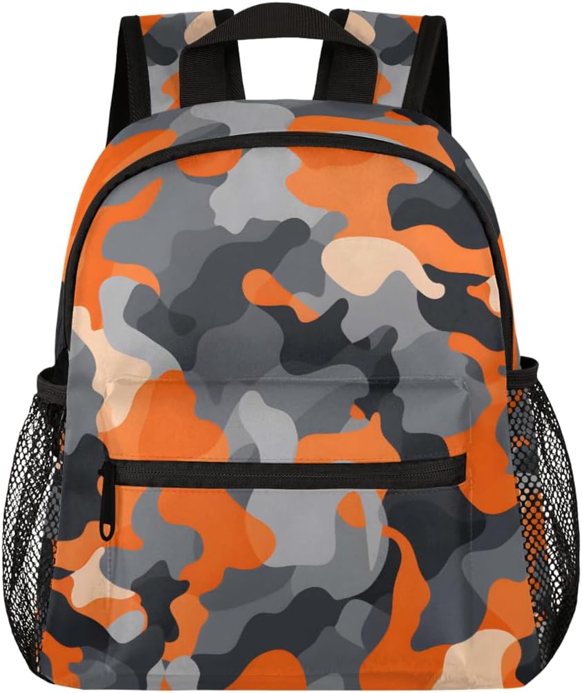 Toddler Backpack for Boys Girls, Orange Grey Black Camo Mini Kids Backpacks with Chest Strap Whistle, Preschool Kindergarten Daypack, Travel Bookbag for Children