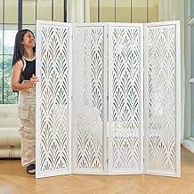Wooden Living Partition Room Divider 4 Panel | Foldable Privacy Screen with Geometric Cut-Out Design | Pooja Room Partition for Living Room, Bedroom & Office (White)