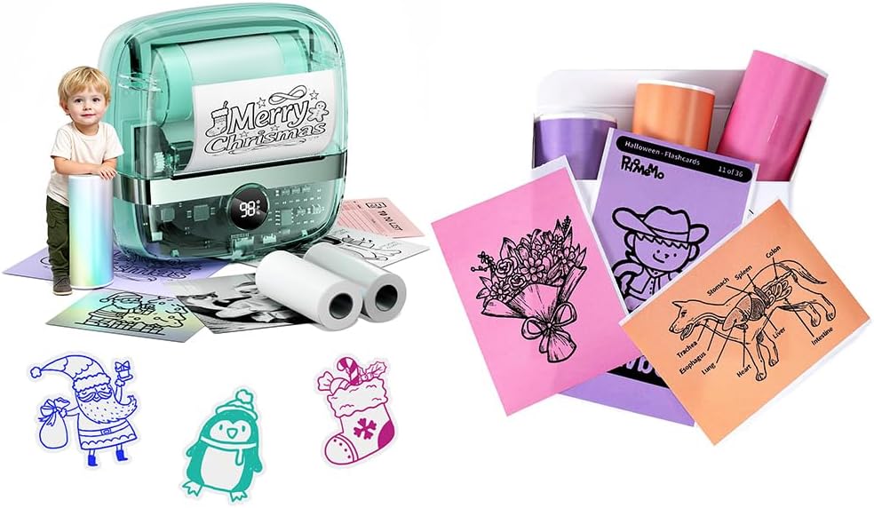 Memoking T02 Pro Pocket Mini Thermal Bluetooth Sticker Printer Combo with Thermal Paper(1 White+1 Clear+1 Holographic Silver+3 Colors Rolls), 50mm for Study Graphics, Anatomical Diagrams, Students