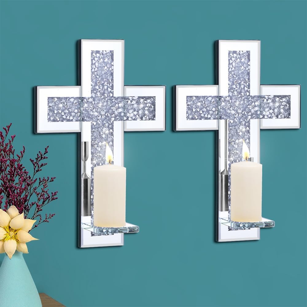 Pibeyer Crystal Crush Diamond Candle Holder Set of 2, Rectangle Silver Mirrored Candle Sconces, Wall Decorations for Living Room, Dining Room (Cross)