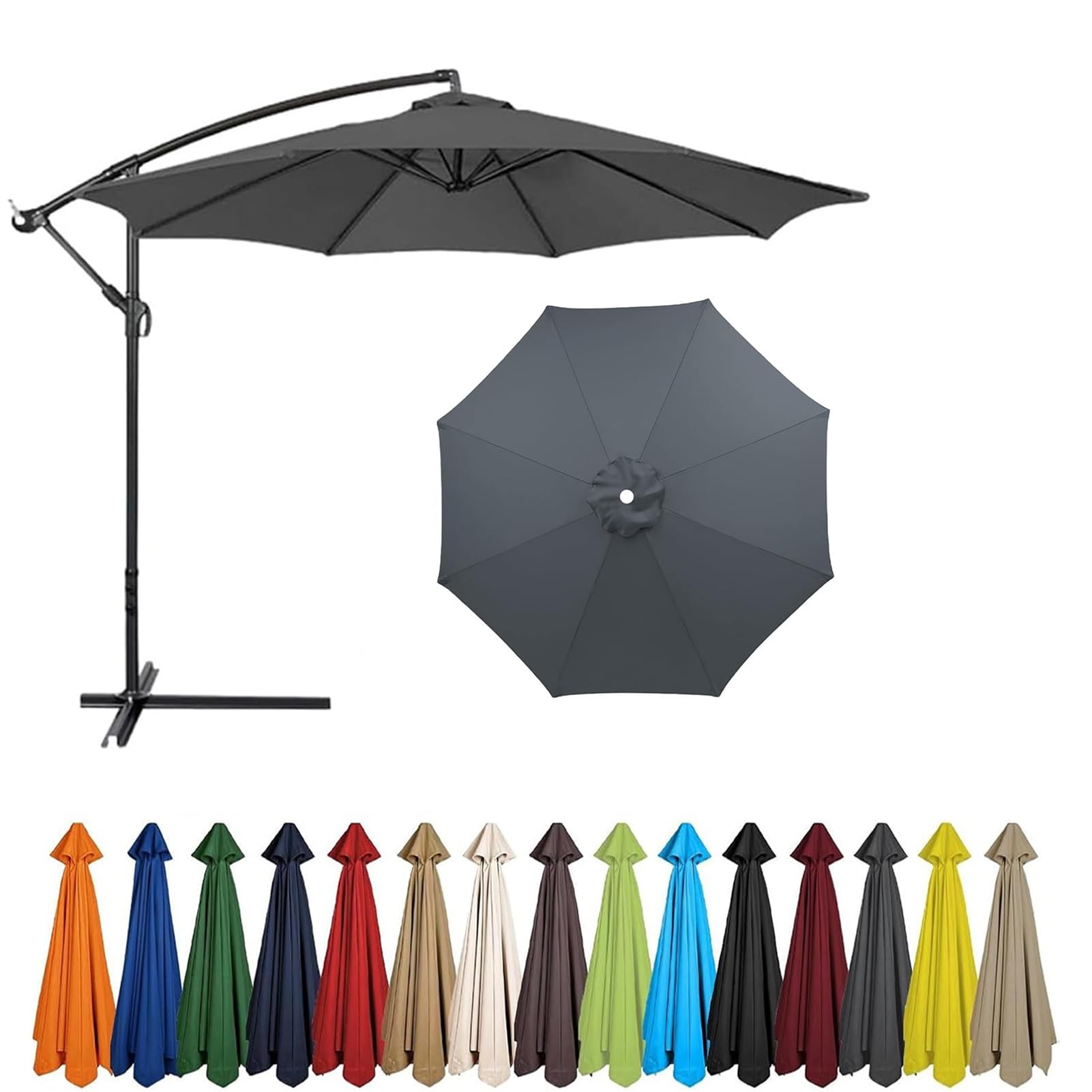 2m - 4m Replacement Parasol Canopy, UPF 50+ Garden Parasol Replacement Canopy,6 Arms 8 Arms Parasol Cover for Garden Parasol Accessories (Grey,6ribs:2.7m/8.8ft)