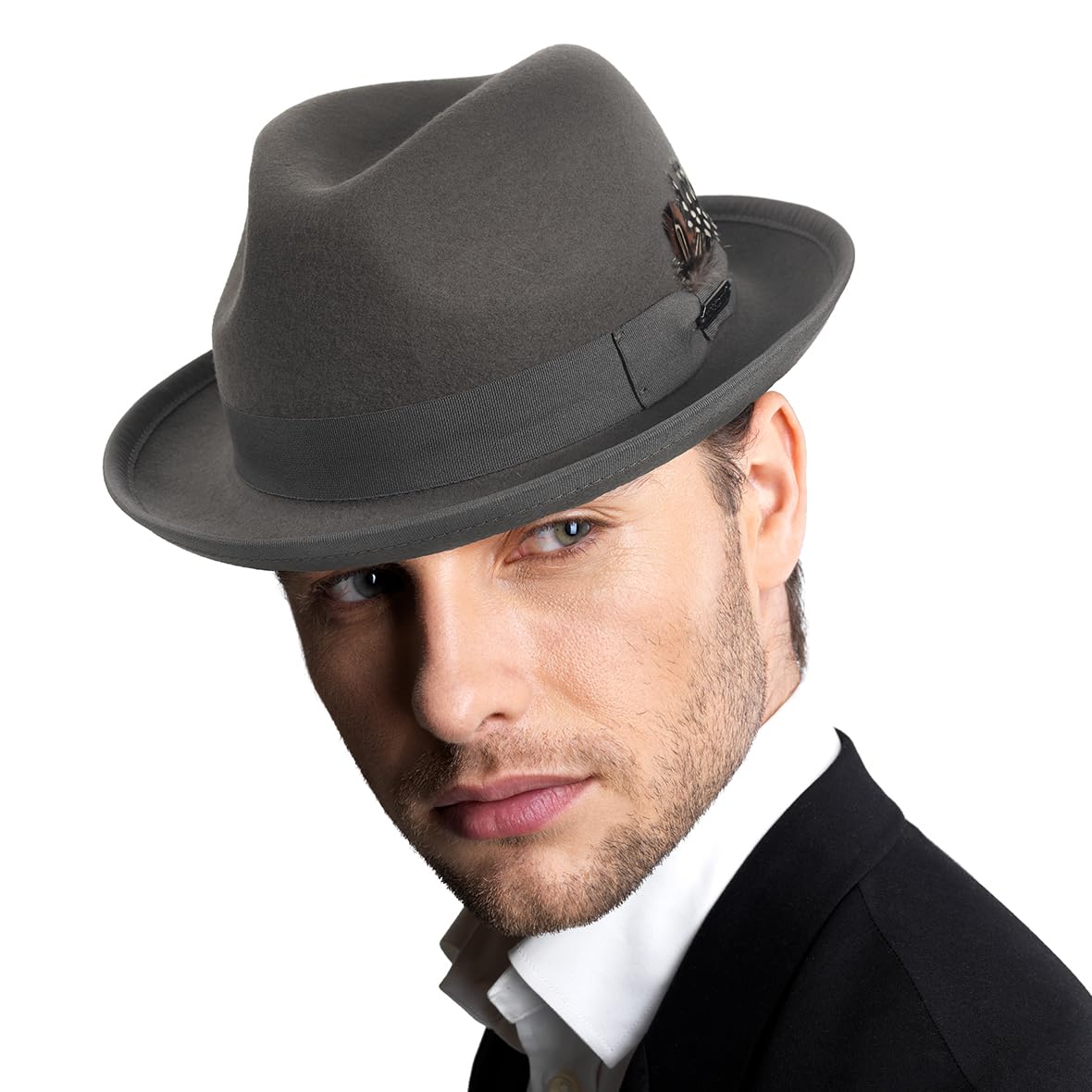 HISSHEMen's Wool Fedora Hats Women Felt Trilby Derby Hat with Feather