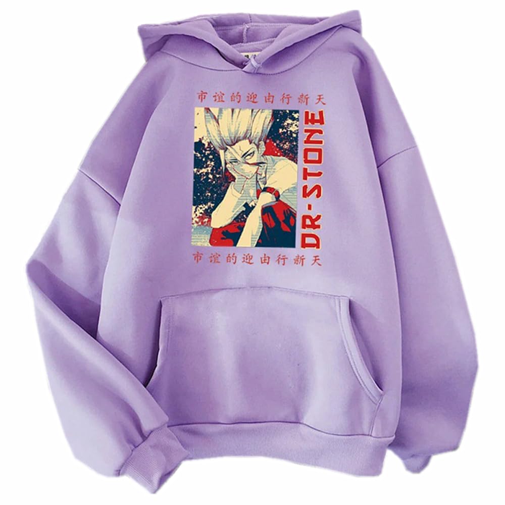 Charous Anime Dr.STONE Cosplay Ishigami Senku Cartoon Print Hoodie,Casual Loose Thicken Soft Sweatshirts For Manga Fans Purple