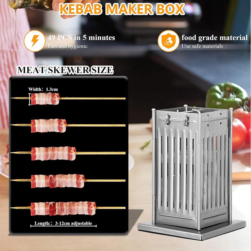 Máquina de pincho de carne de acero inoxidable de 49 agujeros, caja para hacer brochetas, herramienta para barbacoa, con 100 palos de bambú, altura ajustable, máquina de parrilla de carne de cordero