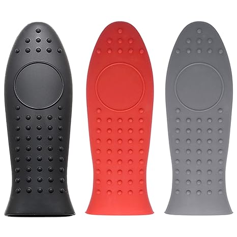 GOBETTO Cast Iron Handle Cover, 3 Pack Extra-Thick Silicone Pot Holders Handle Covers for Pans, Griddles and Cast Iron Skillets Over 10.5 Inches Diameter, Black, Red, Grey