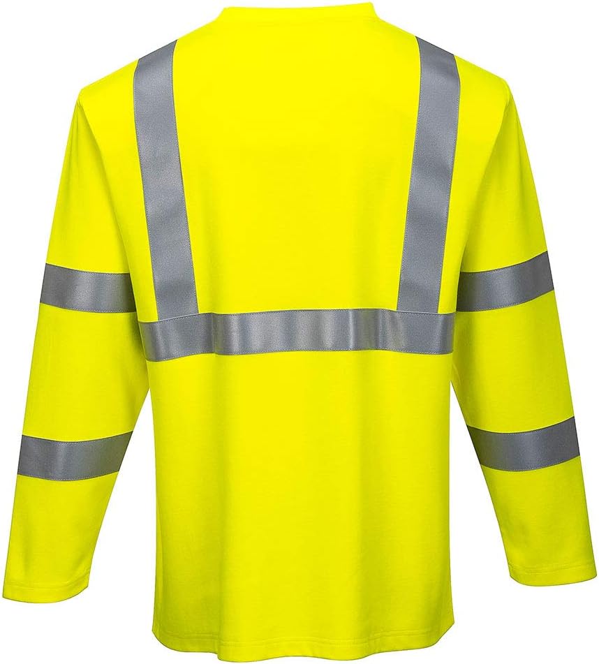 Назад view of Portwest FR96 Long Sleeve Safety Work T-Shirt in bright yellow with reflective stripes.