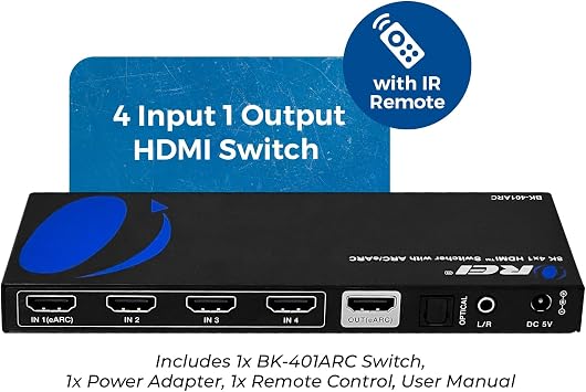 OREI 8K 4-Port HDMI Switch, 4-in 1-Out eARC, Audio Extractor, 8K@60Hz, HDR | hdmi switcher 4 in 1 out, hdmi switch with remote, eARC, HDCP 2.3, EDID, Optical & L/R Audio Out, PS5/Xbox