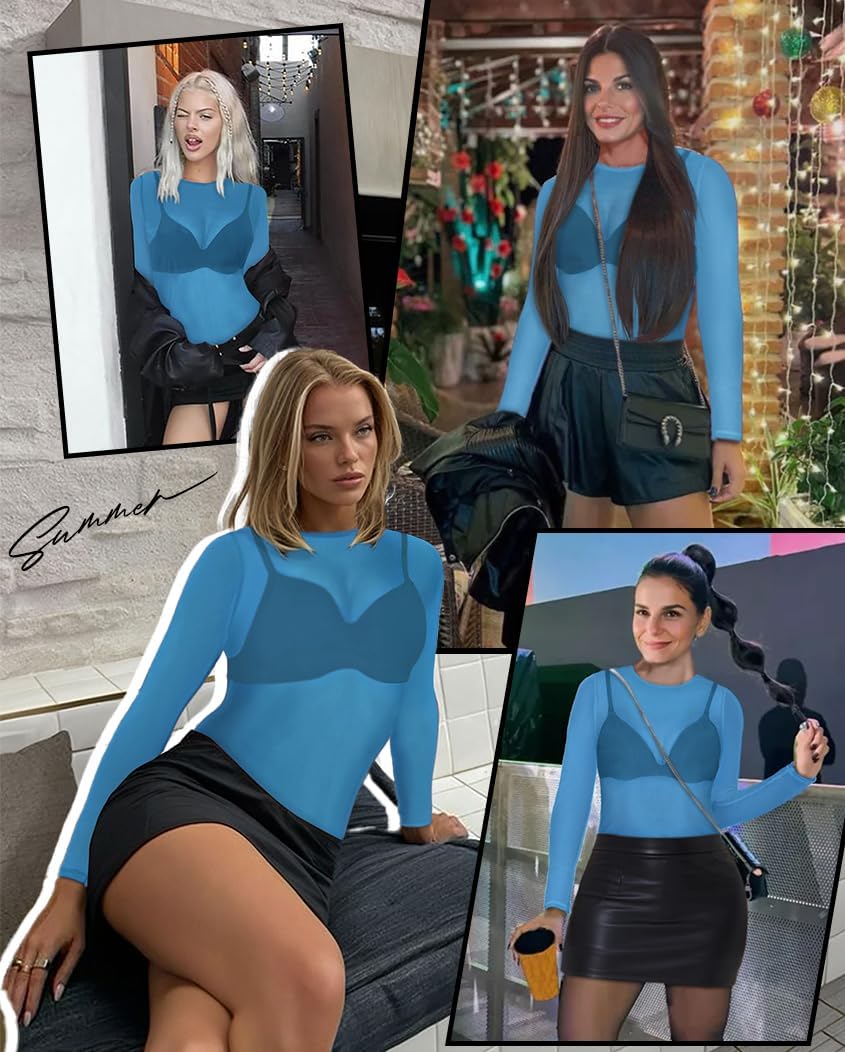 Women's Mesh Tops See Through Shirts Long Sleeve Bodycon Sheer Blouse Clubwear - Image 6