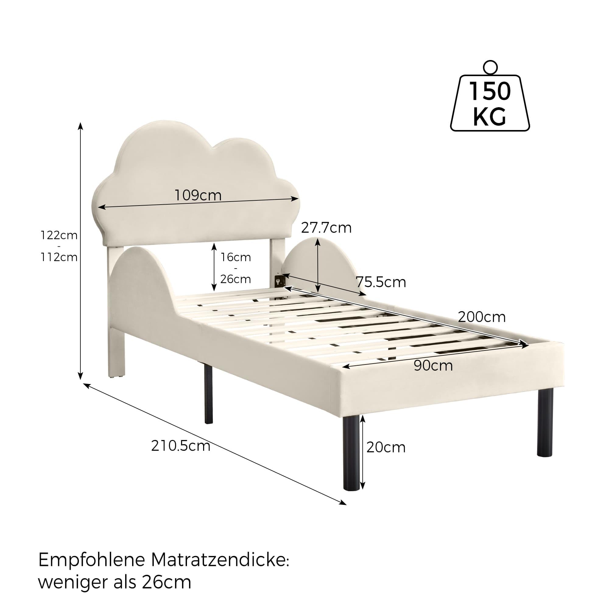 MQGPM Kinderbed, gestoffeerd bed, 90 x 200 cm, met houten lattenbodem, tienerbed, eenpersoonsbed met in hoogte verstelbaar hoofdeinde, huidvriendelijk fluweel, voor kinderen en jongeren, wit