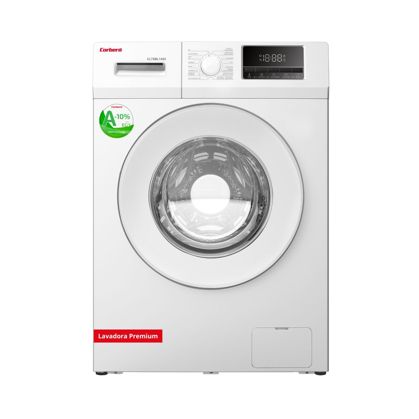 Corberó - Lavadora Carga Frontal | CLT8BL1424 | 8 Kg | 1400 Rpm | Motor Inverter, 16 Programas, Inicio diferido 3-24 Horas, Lavado Rápido de 15-30 Min., Puerta XXL | Blanco