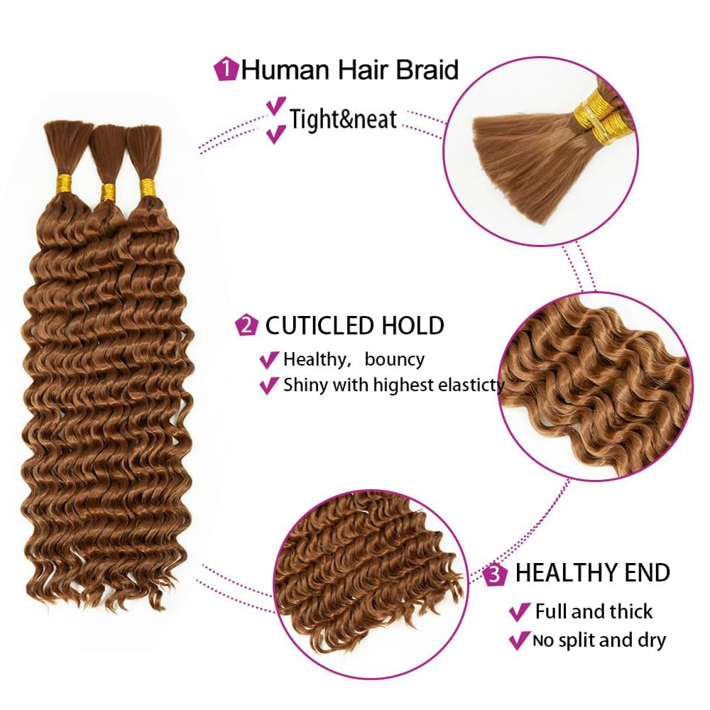 Evaxilc #30 Dark Brown Human Braiding Hair Boho Braids Deep Wave 32 32 Inch Boho Hair For Braiding 2 Bundles/Pack No Weft Unprocessed Virgin Hair Light Brown Color - Image 4