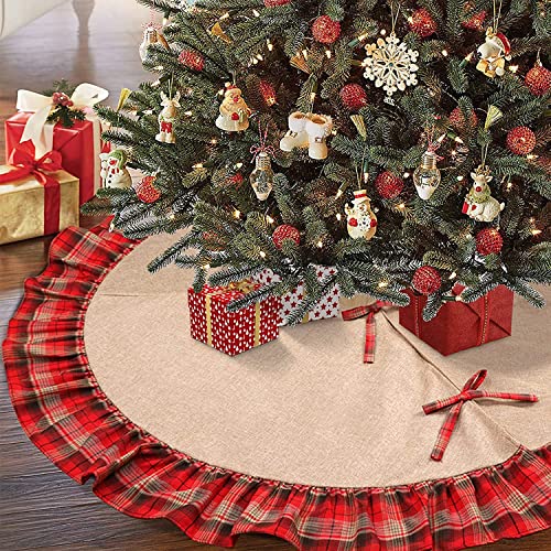 OurWarm Burlap Christmas Tree Skirt 48 inches Red Black Plaid Ruffle Edge Border Large Linen Round Indoor Outdoor Mat Xmas Party Holiday Decorations