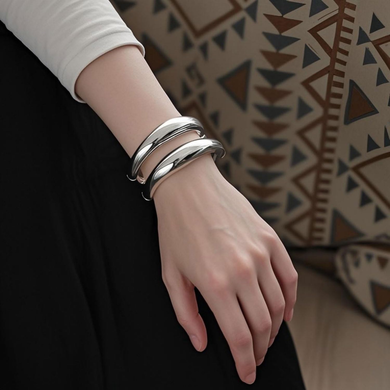 Chunky Gold Cuff Bangle Bracelets for Women Trendy Hinged Cuff Open Wide Chunky Bracelet Irregular Minimalist Bangle Jewelry (Silver Style) - Image 2