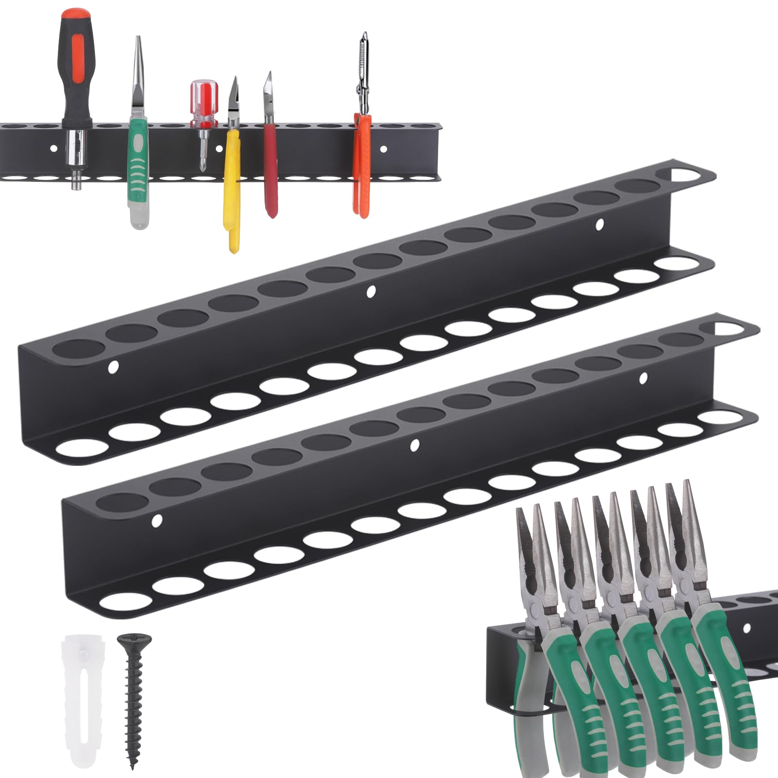 Hejo 2PCS Wall Tool Rack Organiser, Screwdriver Storage Shelf, 14 Sockets Metal Pliers Rack, Wall Storage Holder for Workshop Shed, Garage