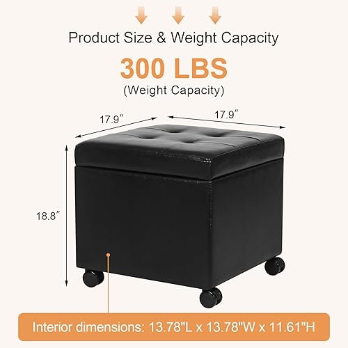 Miniatura 22 de Homebeez Taburete otomano de almacenamiento de piel sintética copetudo, cuadrado con tapa abatible (marrón) Marrón,Negro y ruedas,Negro