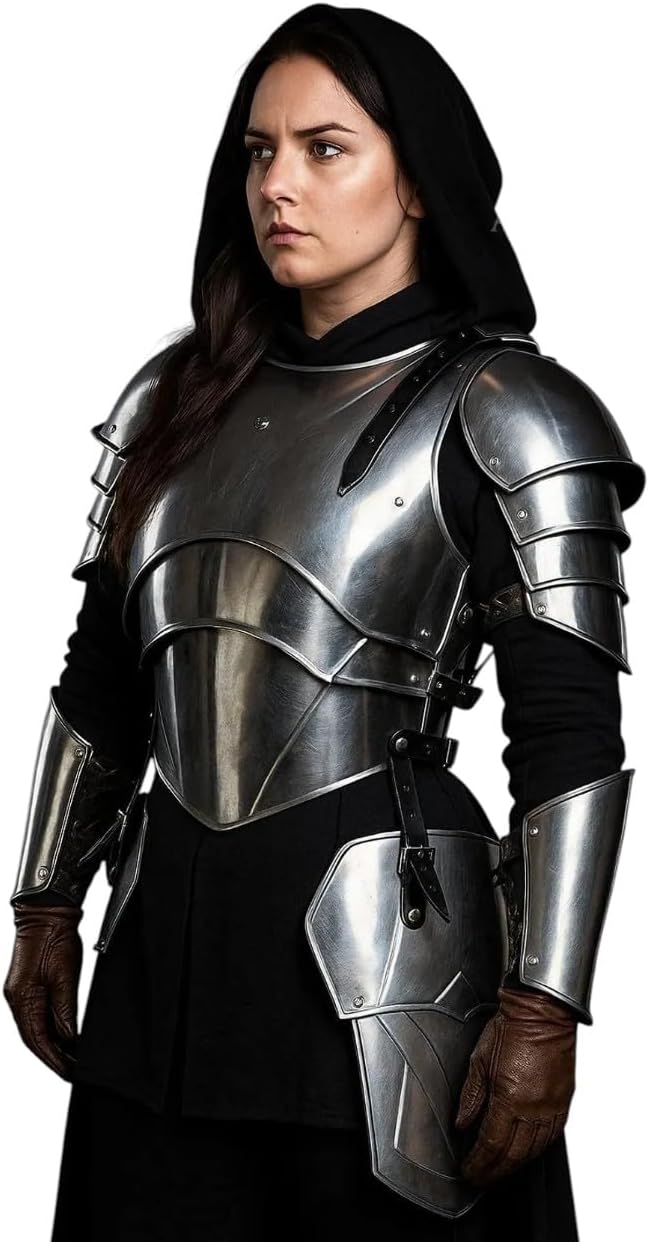 Medieval Steel Lady Half Body Armor-Brave Lady Cuirass Armor Tasset, Arm Bracers & Pauldron for LARP, Cosplay Events, Reenactment, Halloween & Fantasy Party Costume-Female Body Armor