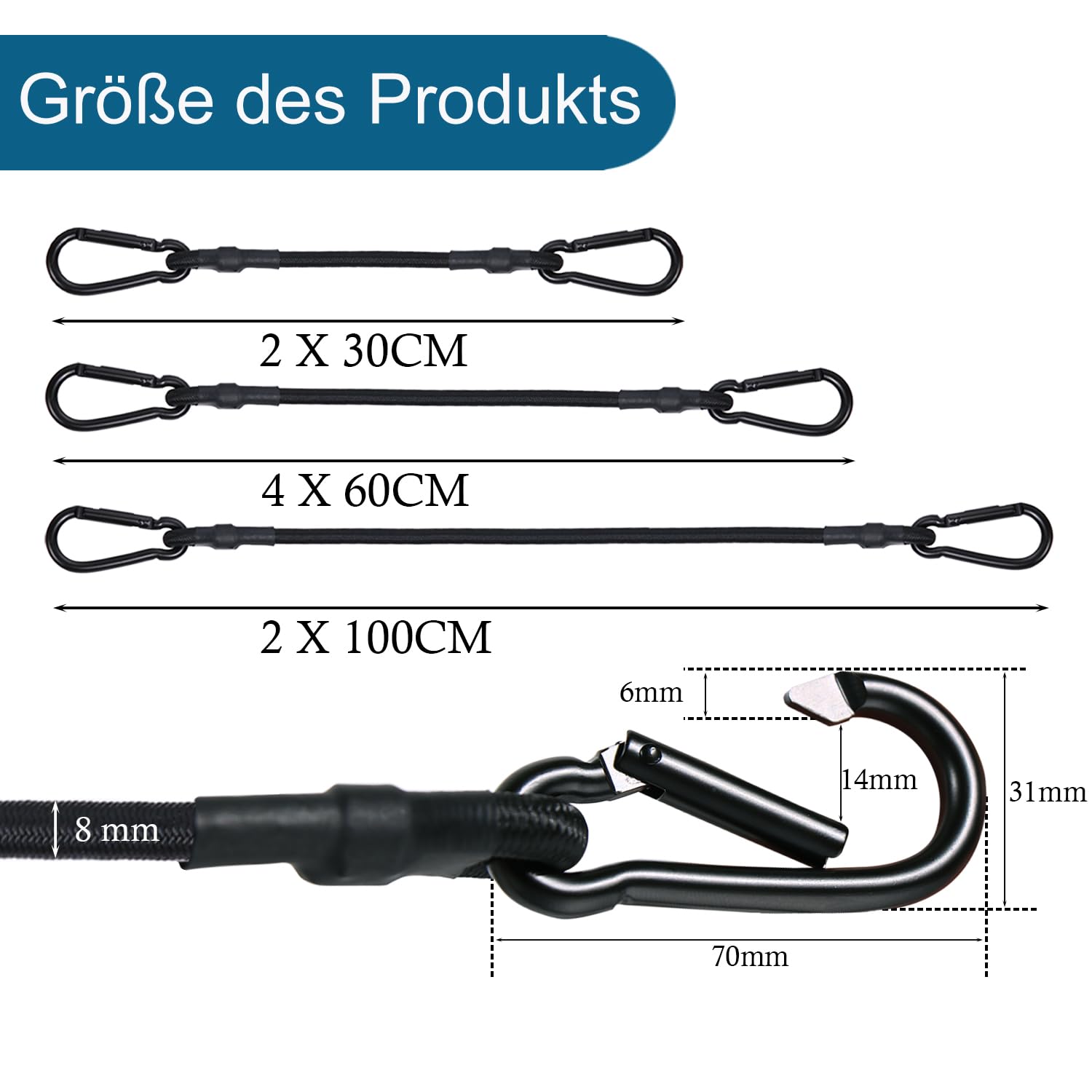 JunGG Bungee Cords with Carabiner Clips, 8 Pack 12/24/40 Inch Extra Strong Elastic Straps with Hooks - Image 2