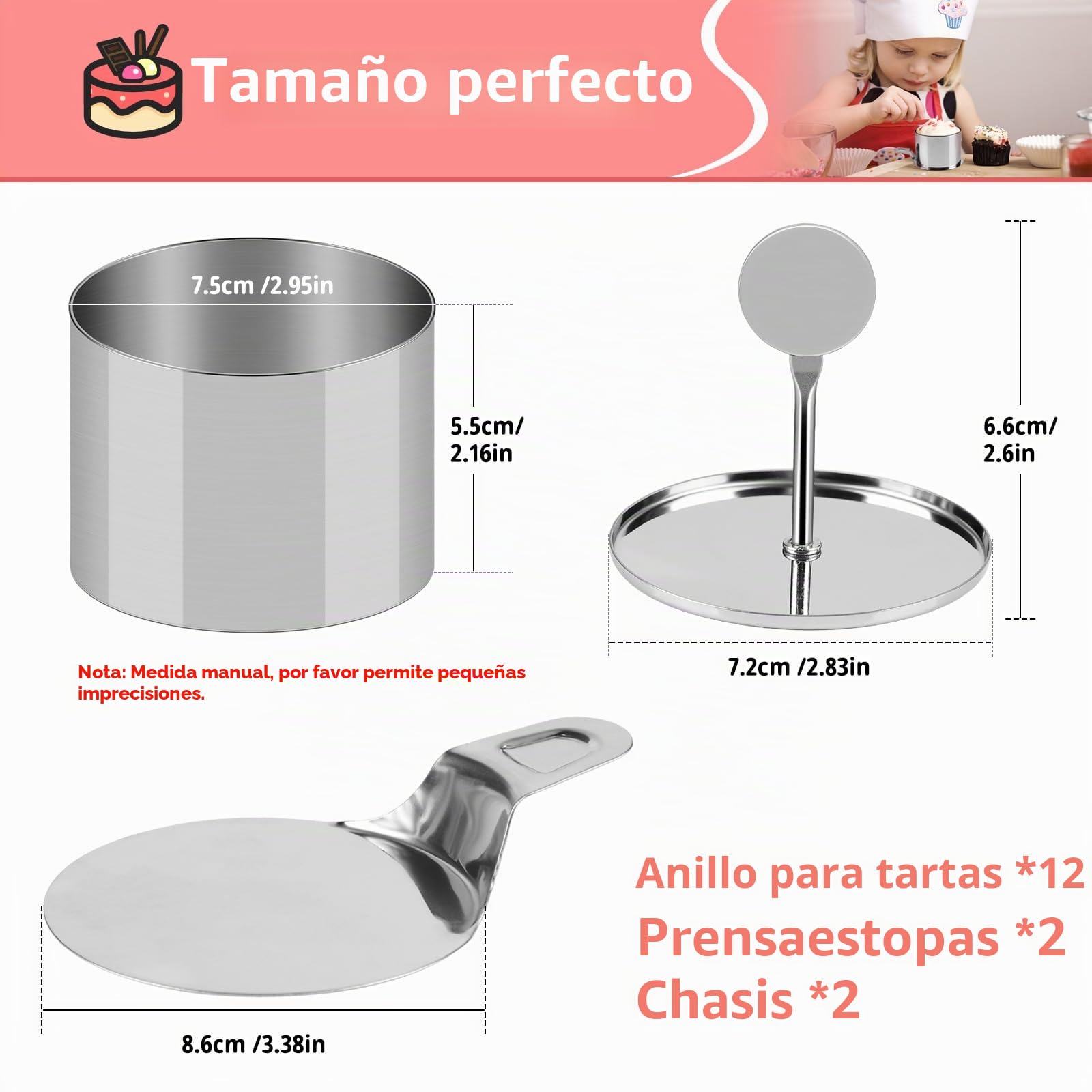 SWAWIS 12 Piezas Aros de Cocina Ø7,5cm con Elevador y Apisonador | Anillos Redondos para Postres y Comida, para Pasteles Mousse y Bolas de Arroz