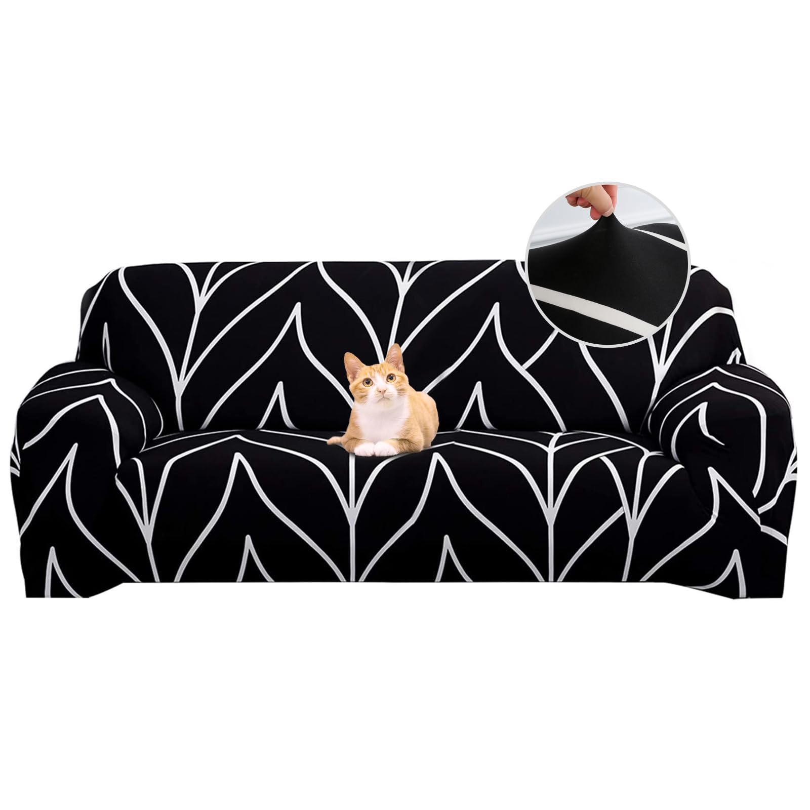 Jaotto Copridivano 4 Posti Elasticizzato, Fodera per Divano Elasticizzato Fantasia Antiscivolo Antimacchia, Copridivano con Braccioli Tessuto Super Morbido Universale,Linea Nera