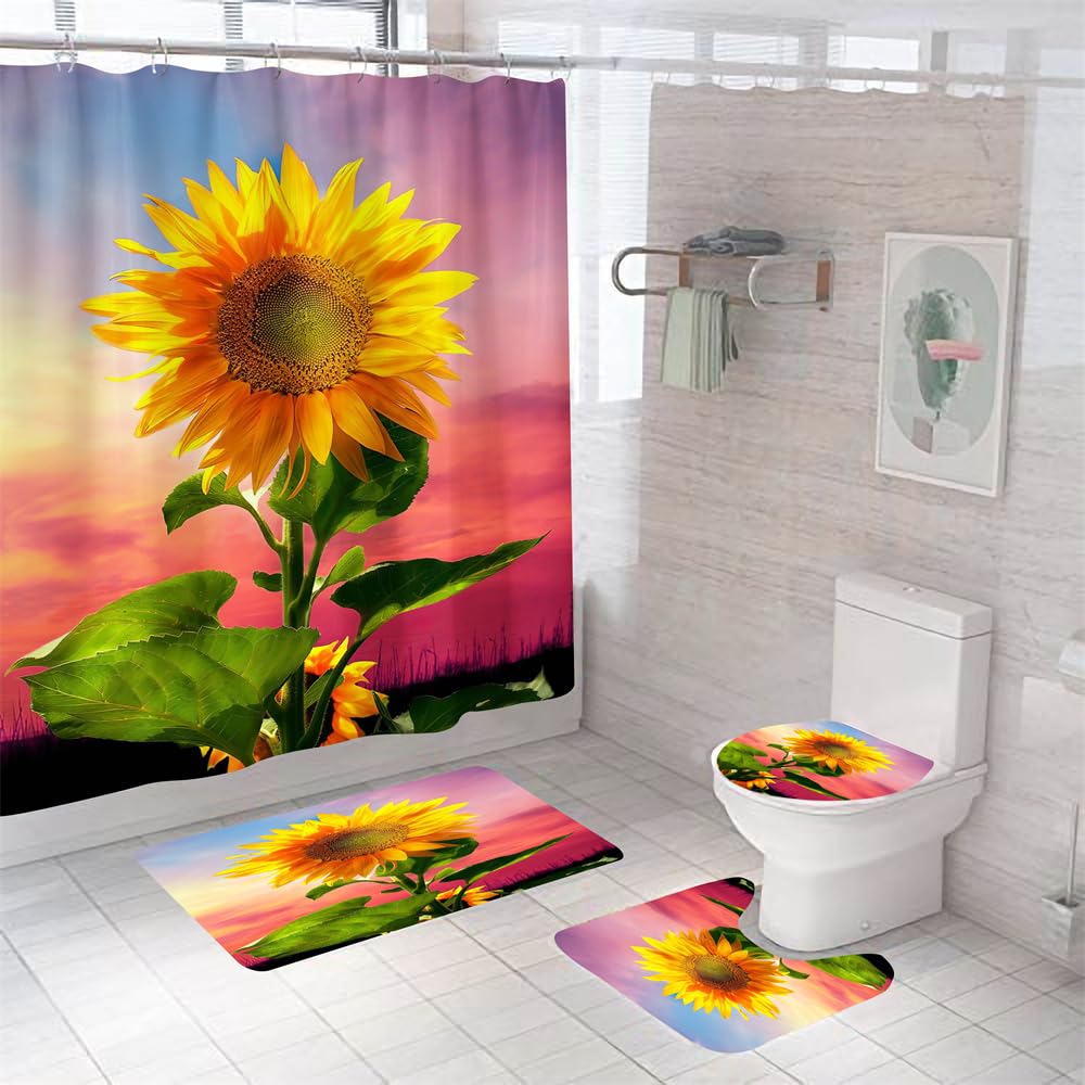 Alfombra Baño Girasol Amarillo Juego De 4 Alfombras De Baño Lavable,Alfombra Baño Secado Rapido - Alfombra De Baño*1+Tapa del Inodoro*1+ Alfombra*1 Tipo U+Cortinas De Baño180X180 45X75Cm