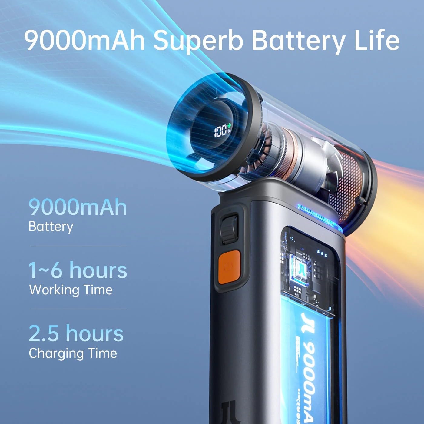 JisuLife Handheld Fan Ultra1, 9000mAh Portable Handheld, 100000 RPM Electric Air Duster, 20m/s Dry Blower, 100 Speed Gears Turbo Fan Digital Display, Rechargeable Compressed Air Duster - Dark Grey 3