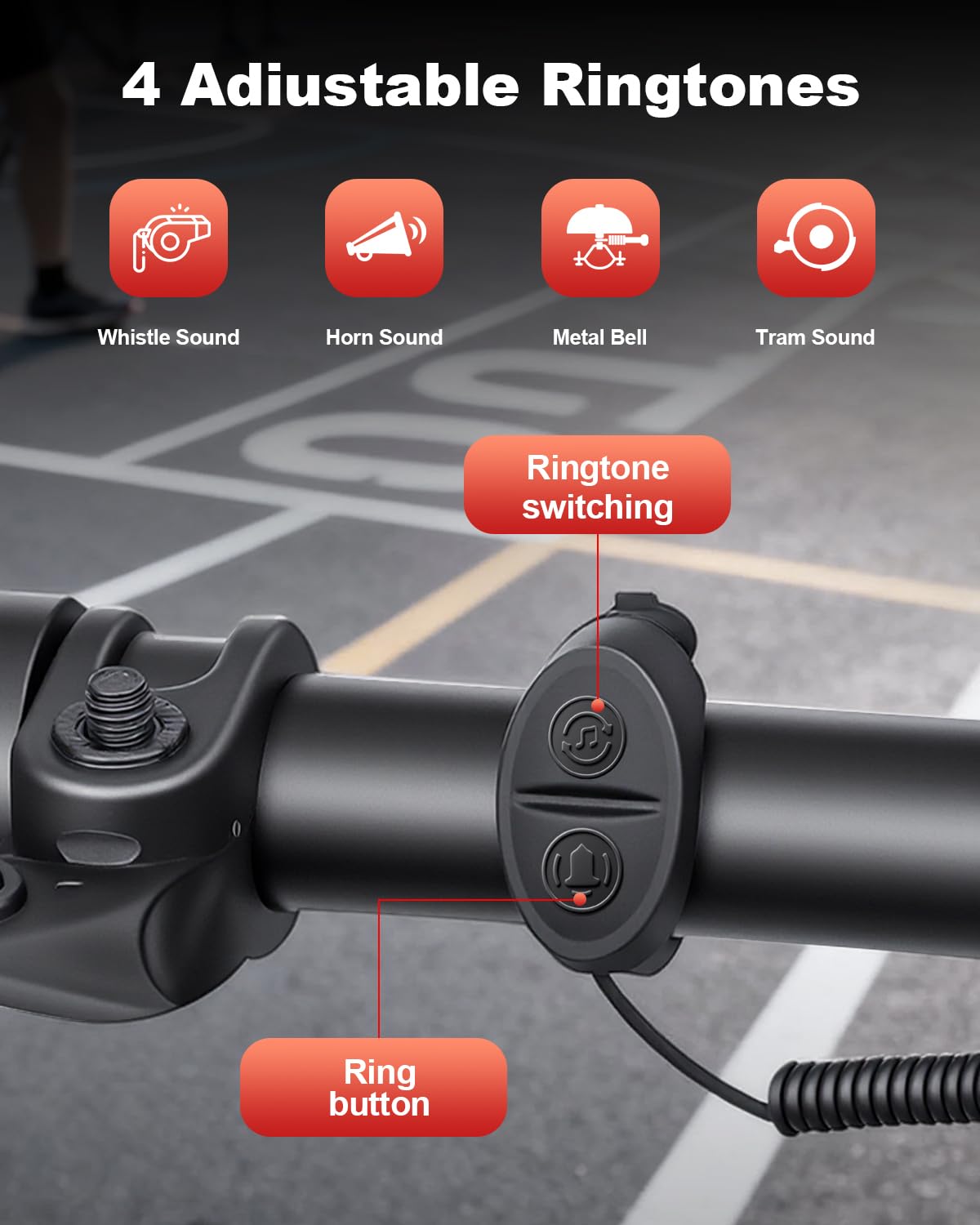 Bocina de bicicleta de 120 dB, 4 modos de sonido y volumen ajustable