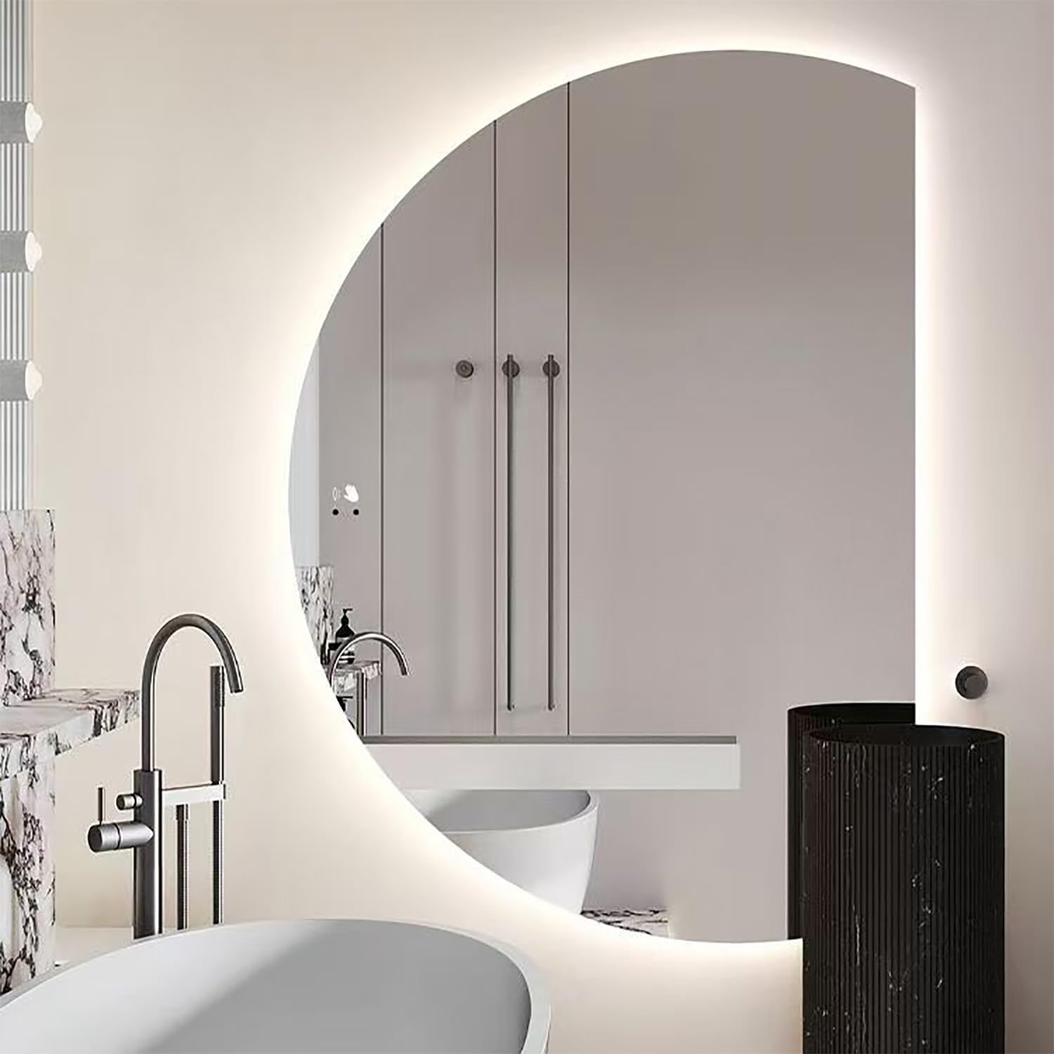 WJFTODAY 47" Modern LED Backlit Vanity Mirror - Anti-Fog, Smart Touch Control, 3-Color Dimmable, Stylish Semicircle Design for Bathroom (Right Cut 35 inch)