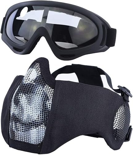 Máscara de Airsoft con gafas, máscara plegable de malla de Airsoft con protección para los oídos para paintball, tiro, cosplay, juego CS