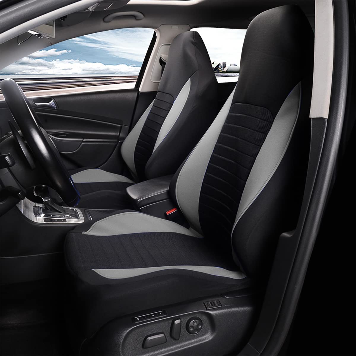 CGEAMDY Anteriori Auto, 2 Pezzi Coprisedili Universale Auto Anteriori Di Lusso, Bordi Elasticizzati, Compatibile Con Airbag Laterale, Set Copri-Sedile per Guidatore E Passeggero (Grigio)
