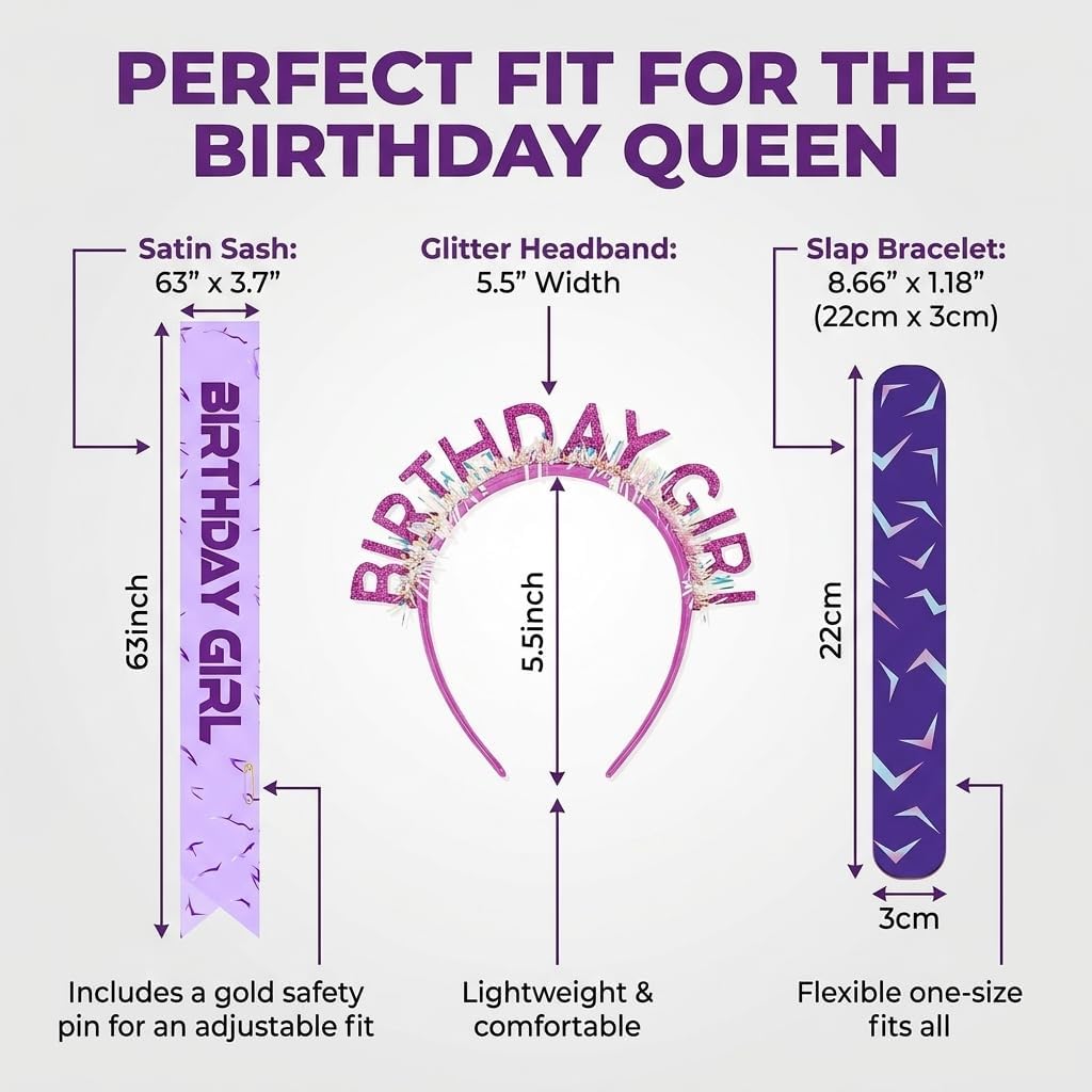 3 Pcs Birthday Girl Sash and Headband Set, Kpop Music Fan Theme Party Decorations for Girls Women, Purple Lightning Pattern Sash with Slap Bracelet, Bday Queen Party Accessories Supplies