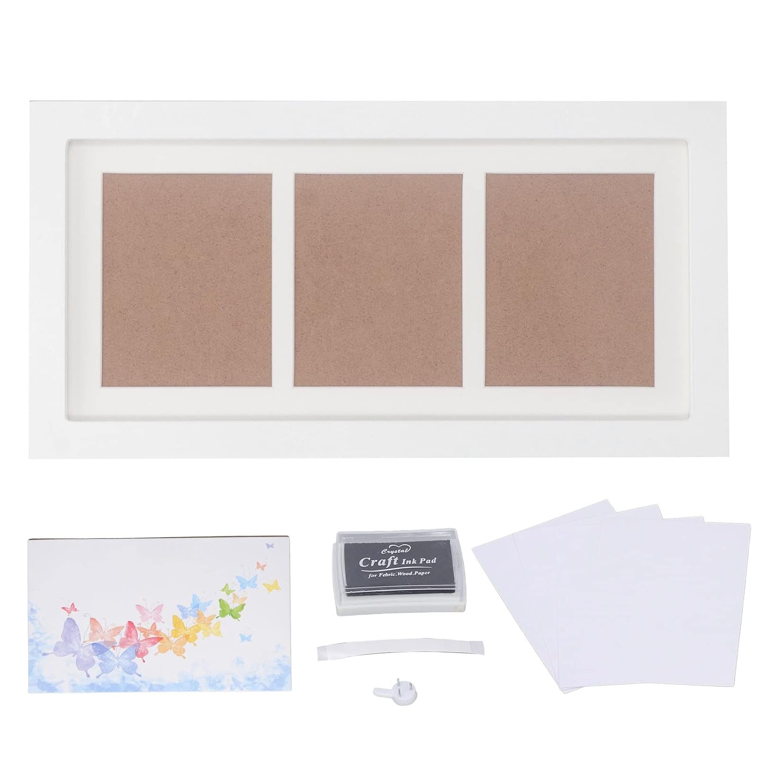 Baby Handprint Footprint Kit, Baby Footprint Keepsake Frame with Non Ink Pad White Frame 3 Grids DIY Rustic Style Pine Hand Foot Kit for Newborns