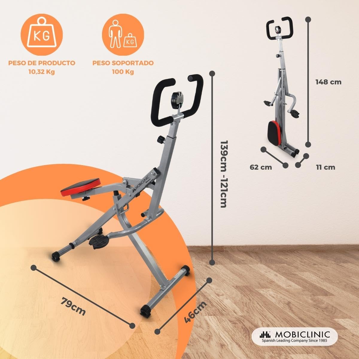 Mobiclinic®, Máquina de Remo, Plegado Compacto, Vitalfit, Sentadillas, Glúteos, Multifunción, Pantalla LCD, Carga 100kg, Gym en casa, Manillar Ajustable, Base Antideslizante