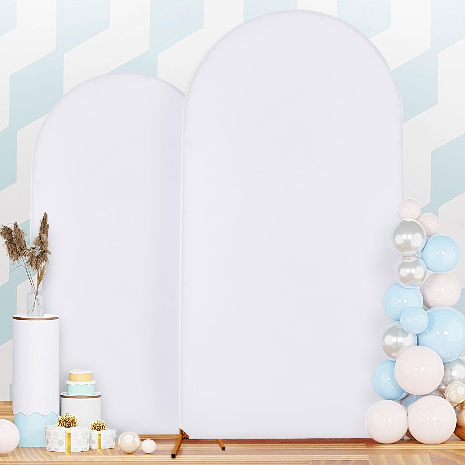 7.2FT 6FT White Arch Backdrop Cover Set of 2, Wrinkle-Free Stretchy Spandex Wedding Arch Set, Round Chiara Backdrop Stand for Birthday Party Baby