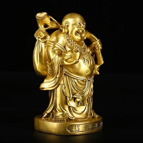 Miniatura 5 de Estatua de Buda riendo de Feng Shui de latón 10.2 "(H) ídolo sosteniendo lingote Talismán bolsa atraer riqueza escultura decoración del hogar regalo