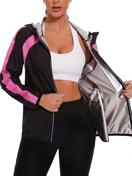 NINGMI Women Sauna Jackets Sweat Suit Long Sleeve Zipper with Hood Sauna Shirt Body Shaper Top Workout Gym Exercise