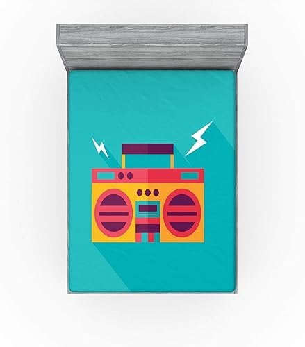 Miniatura 2 de Lunarable Music Fitted Sheet, Ghetto Blaster Audio Retro Boombox with a Long Shadow, Bed Cover with All-Round Elastic Deep Pocket for Comfort,