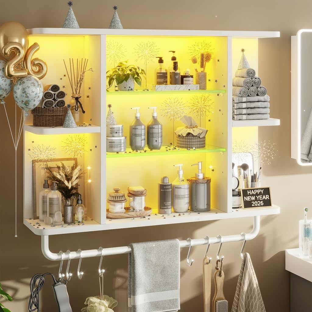 REIBII Floating Shelves with LED Lights, 7-Tier Wood Shelf, Wall Mounted Display Shelves with 8 S-Hooks, Wall Shelf for Kitchen, Bedroom, Bathroom, Office, Plants, White