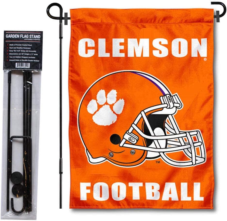 College Flags & Banners Co. Clemson Tigers Football Helmet Garden Banner and USA Flag Stand Pole Holder Set