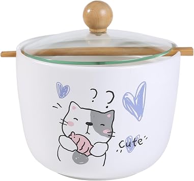 Porcelain Ramen Noodle Bowl with Glass Lid 26 fl oz Bowl With Chopsticks For Udong, Pho, Tomyum Ramen Noodle Soup Whimsical Characters Cat
