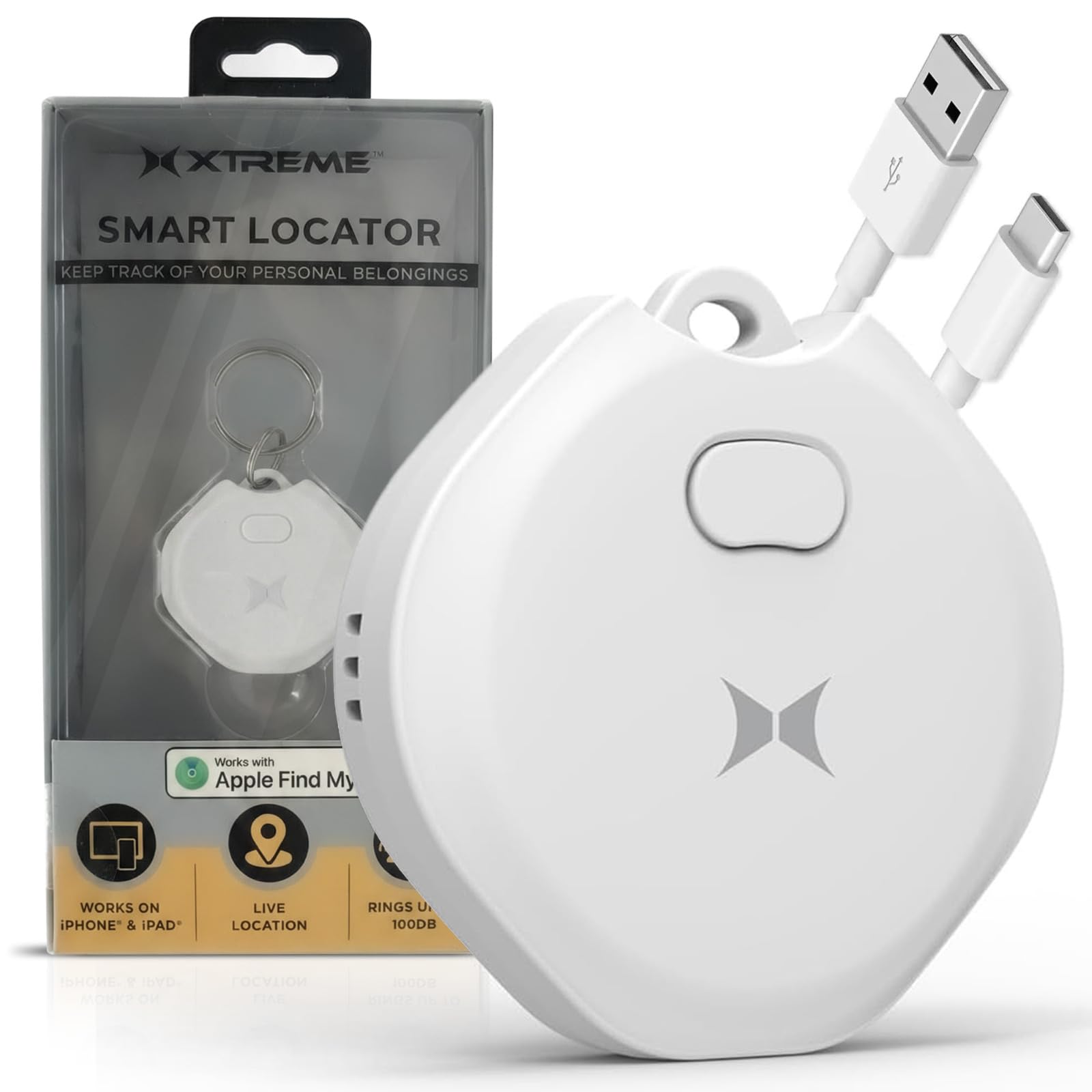 Xtreme Rechargeable Air Tracker, Key Finder Tag Compatible with Apple Find My App for iOS iPhones, GPS Live Location Tracker, USB-C Charging, 100dB Alert, Keychain Attachment, Air Locator Tracer