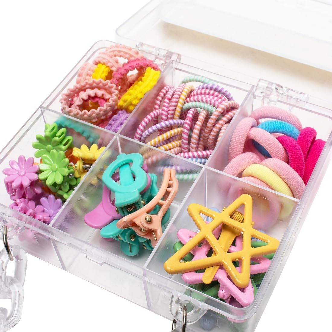 Kids Hair Accessories Set with Transparent Purse | Assorted Mini Hair Ties, Coil Bands, Flower Clips, Mini-Clutchers, Heart & Star Clips | Multicolour Styling Kit for Girls-image-18